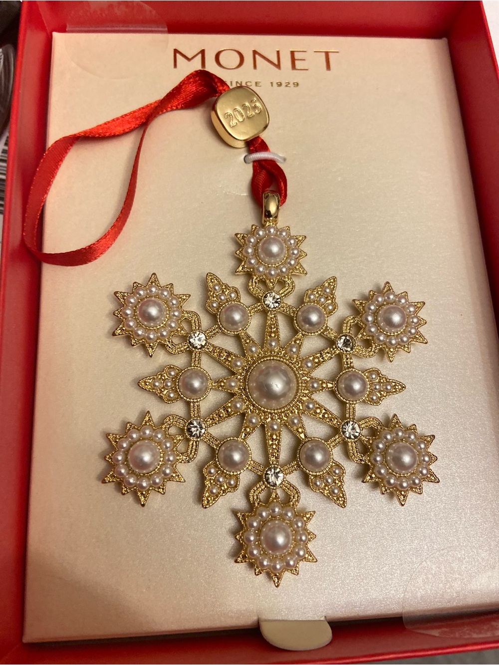 Monet 2025 Gold & Pearls Encrusted Snowflake Ornament With Red Box.